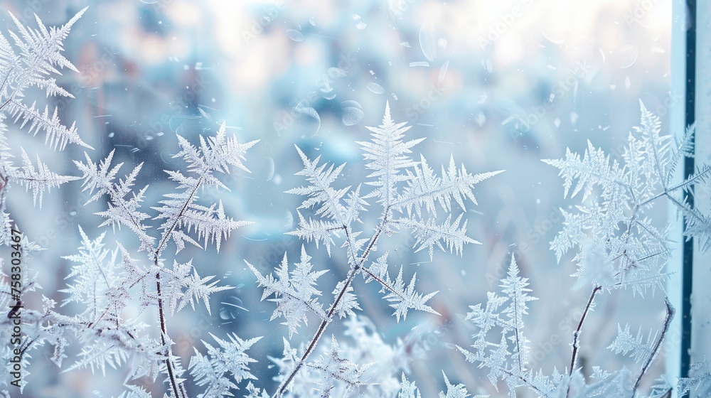 Obraz premium Elegant patterns of frost on a window in winter 