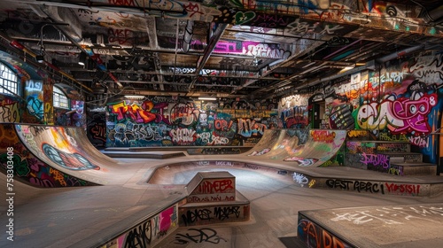 Dynamic urban skatepark with graffiti art photo