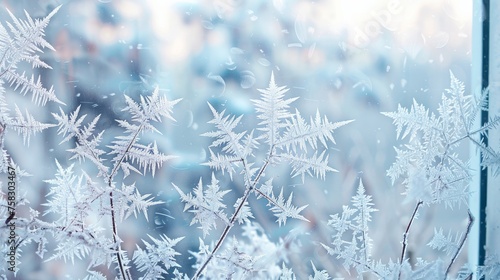 Elegant patterns of frost on a window in winter 