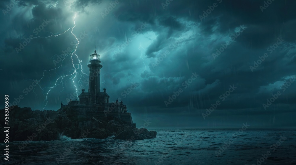 Historic lighthouse during a thunderstorm at sea