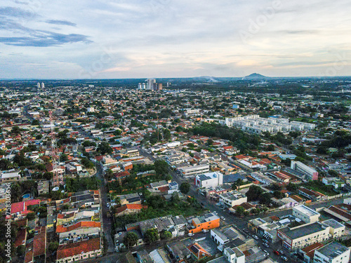 Aerial city scape at sunset during summer in Cuiaba Mato Grosso