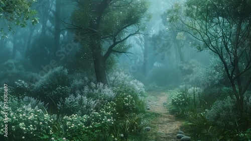 Lonely path leading through a misty enchanted forest
