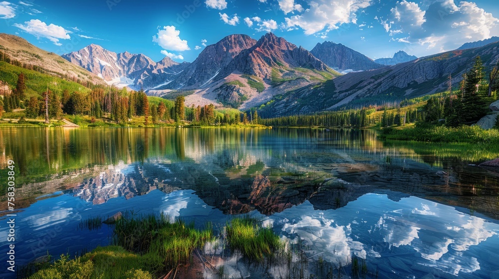 Obraz premium Majestic mountains reflected in a crystal-clear alpine lake