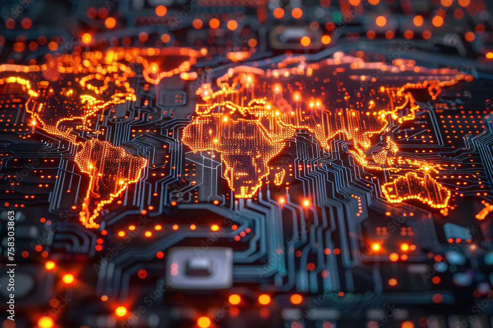 Obraz premium Glowing world map on a circuit board highlighting Europe and Africa