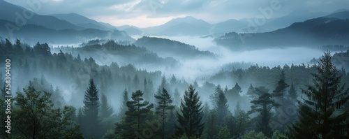 Misty Forest With Dense Trees