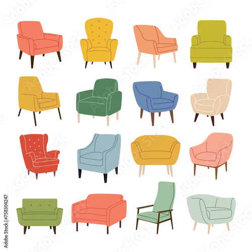 Armchair set. Collection of modern colorful upholstered chairs. Cushioned modern seat furniture. Trendy scandinavian armchairs. Flat vector illustration isolated on a white background. photo