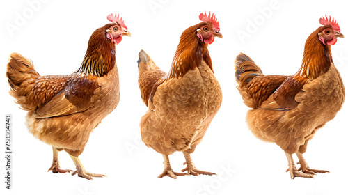 Brown chicken collection (profile, portrait, standing), animal bundle isolated on a white background as transparent PNG © Ziyan