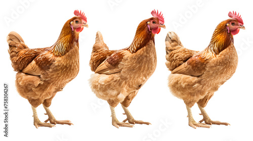 Brown chicken collection (profile, portrait, standing), animal bundle isolated on a white background as transparent PNG