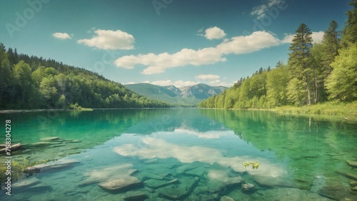 A crystal-clear lake surrounded by lush green forests, spring season, mountains in background, green landscape, relaxing environment, clean water