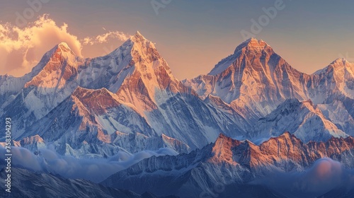 Sunrise illuminating the peaks of the Himalayas 