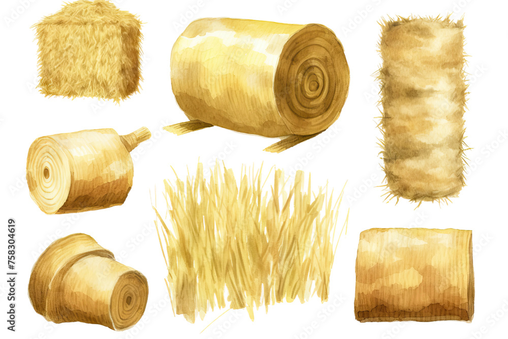 set grass making animals hay set illustration farm white hand rancho brick background ways roll drawn fferent dry hay isolated elements harvesting watercolor straw pile