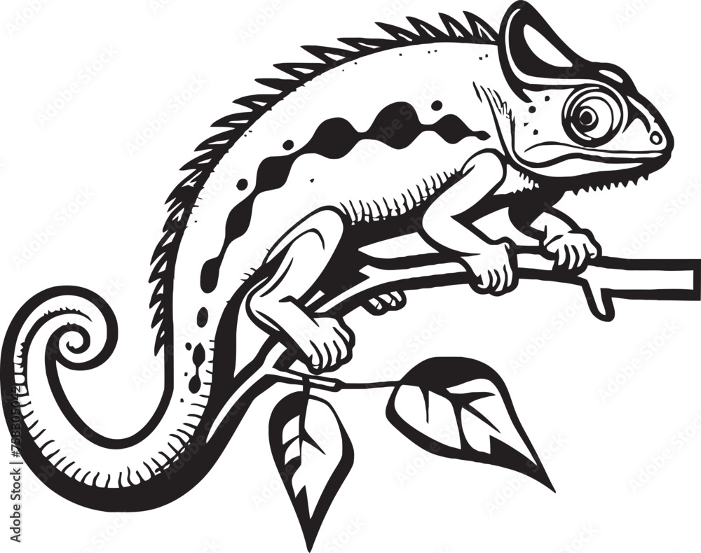 Shadowy Adaptation: Chameleon on Twig in Black Noir Lizard: Black Chameleon Logo on Branch Shadowy Adaptation: Chameleon on Twig in Black Noir Lizard: Black Chameleon Logo on Branch