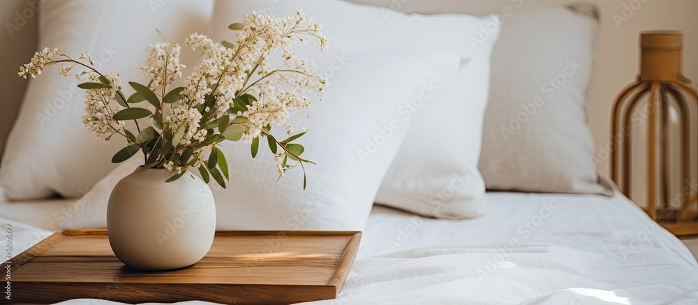 A flowerpot with colorful flowers is displayed on a hardwood tray placed on a bed. The glass vase contains houseplants and twigs, creating a beautiful natural arrangement A flowerpot with colorful flowers is displayed on a hardwood tray placed on a bed. The glass vase contains houseplants and twigs, creating a beautiful natural arrangement