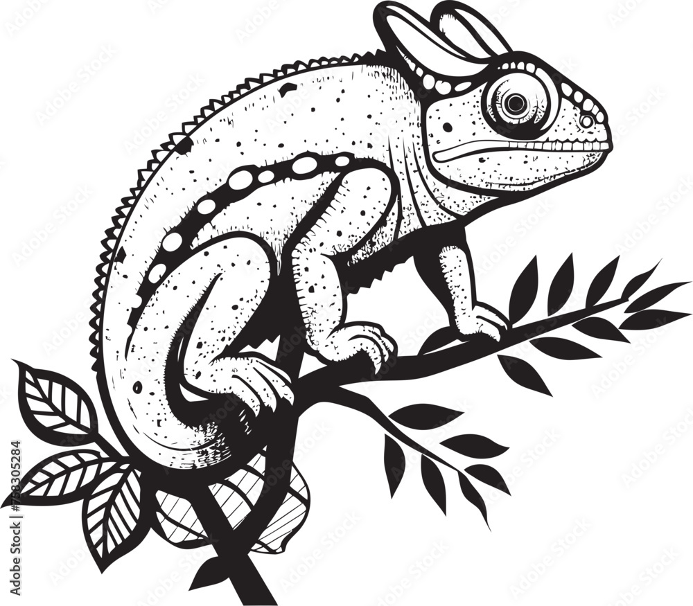 Obraz premium Shadow Shift: Chameleon Vector Logo on Twig in Black Arboreal Noir: Chameleon on Twig - Black Logo Icon Vector
