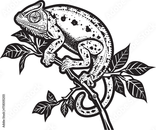 Camouflage Creep  Chameleon Silhouette on Dark Twig Icon Midnight Morph  Black Chameleon Logo on Twig Vector