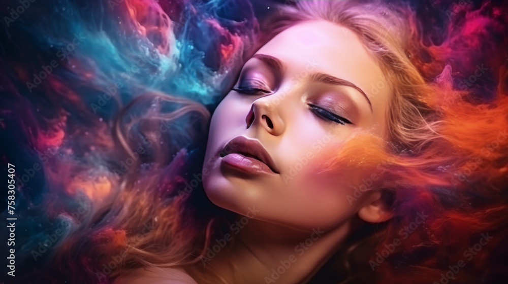 Beautiful abstract portrait with double exposure and colorful digital splash or space nebula