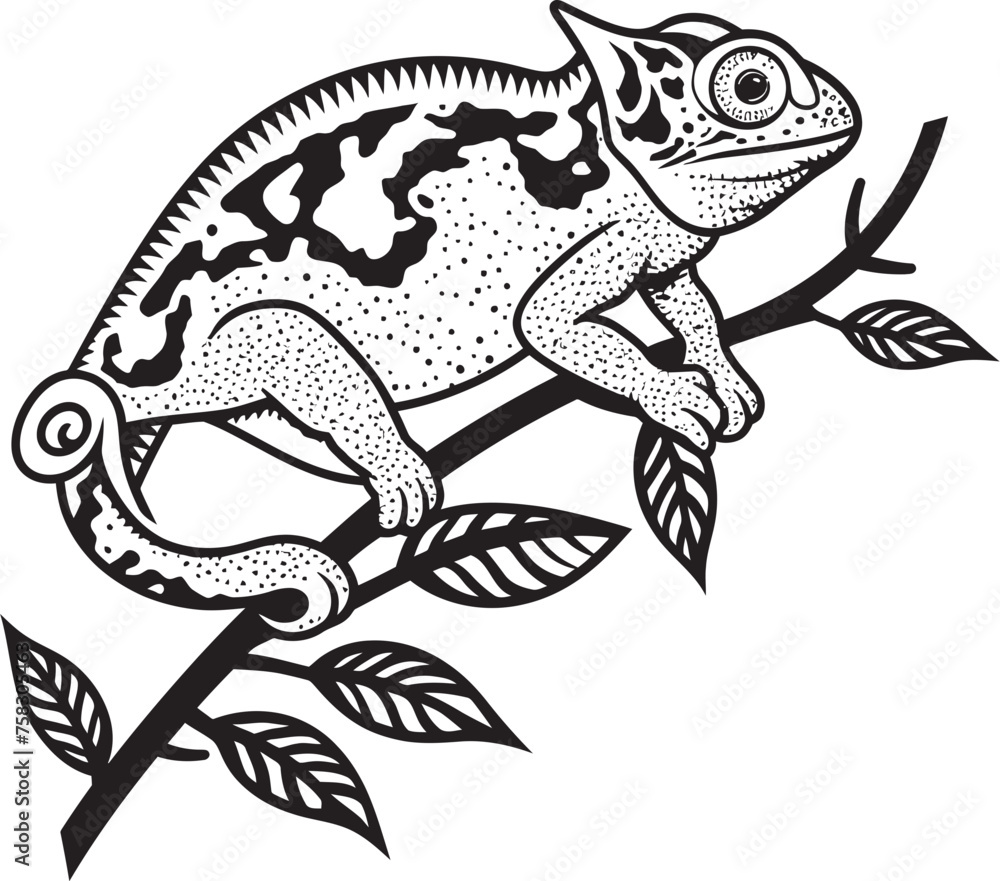 Obraz premium Shadow Shift: Chameleon Vector Logo on Twig in Black Noir Arboreal Adaptation: Black Chameleon Logo on Twig Vector