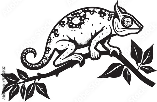 Midnight Morph  Black Chameleon Logo on Twig Vector Ebony Camo Crawler  Chameleon Icon on Black Twig Emblem
