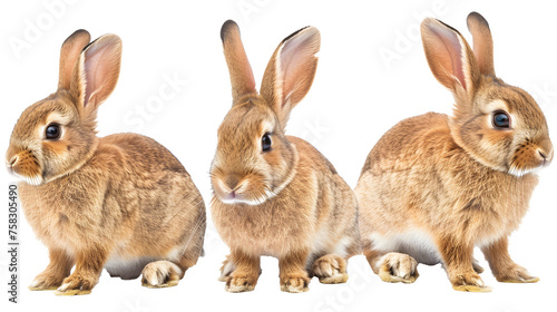 Collection of three brown rabbits (portrait, sitting, side view), animal bundle isolated on a white background as transparent PNG photo