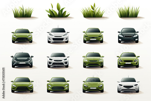 Set of cars icons with grass texture isolated on white background