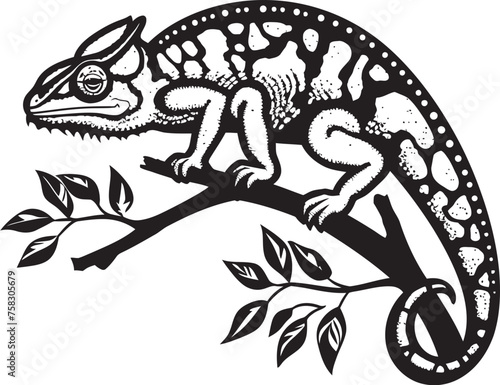 Stealthy Stalker: Chameleon on Black Twig Emblem Midnight Maneuver: Black Chameleon Logo on Twig in Vector