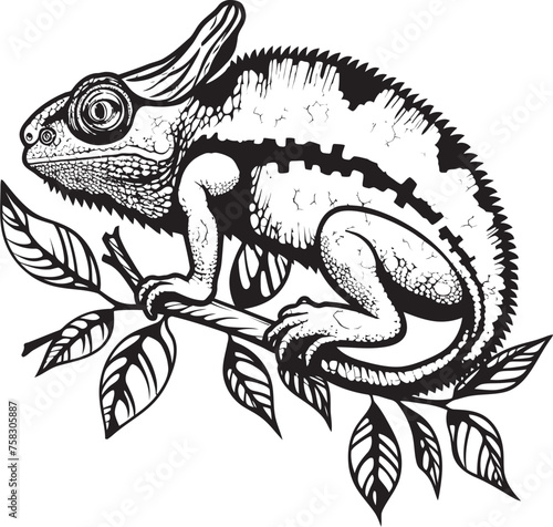 Midnight Morph: Black Chameleon Logo on Twig Vector Ebony Camo Crawler: Chameleon Icon on Black Twig Emblem