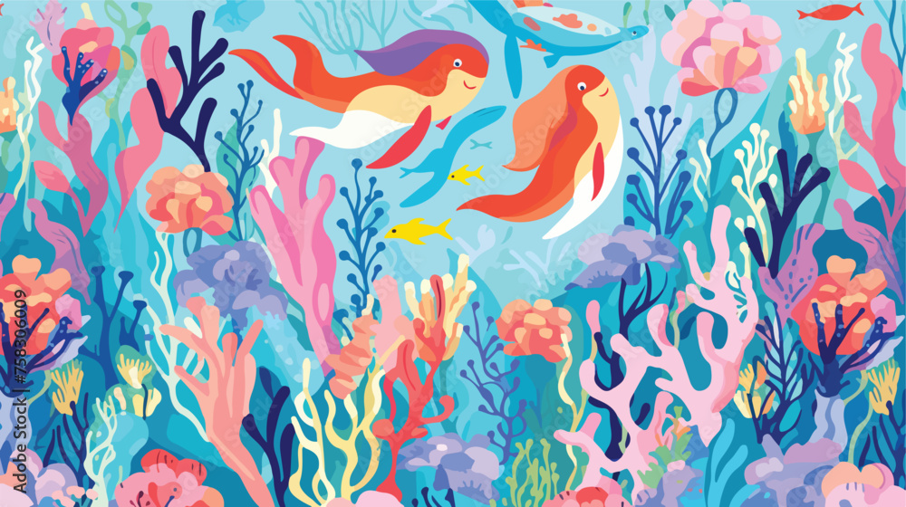 A whimsical pattern of mermaids swimming with dolph