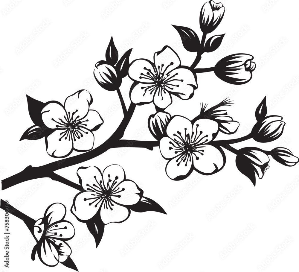 Noir Petal Perch: Cherry Blossom Icon on Black Branch Obsidian Sakura Silhouette: Black Logo on Cherry Blossom Tree Branch