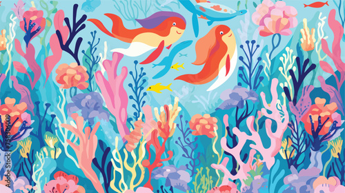 A whimsical pattern of mermaids swimming with dolph photo