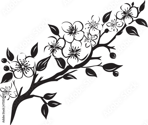 Obsidian Sakura Silhouette: Black Logo on Cherry Blossom Tree Branch Ebony Blossom Bough: Cherry Blossom Vector in Black on Twig