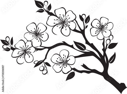 Twilight Sakura Serenity: Cherry Blossom Vector on Black Branch Darkened Bloom Bough: Black Cherry Blossom Logo on Twig Vector