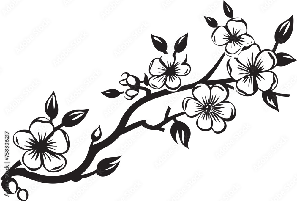 Twilight Sakura Elegance: Cherry Blossom Emblem in Black Darkened Bloom Bough: Black Cherry Blossom Vector on Branch