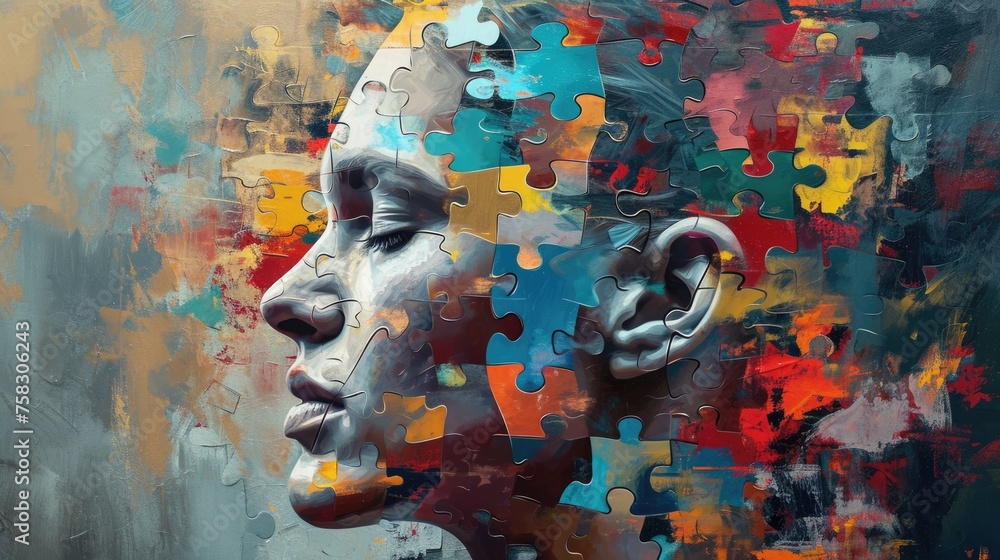 The adult female human head look at side view in the contemplation that has been created from the scattered and uncompleted colourful jigsaw puzzles by gather them in form of the woman head. AIGX03.