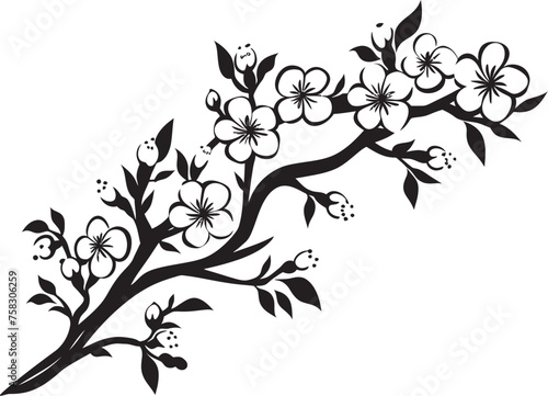 Obsidian Sakura Silhouette: Black Logo on Twig Ebony Blossom Bough: Cherry Blossom Icon in Black