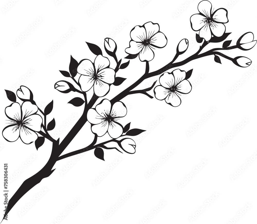 Darkened Sakura Silhouette: Cherry Blossom Icon in Black Noir Petal Perch: Black Logo on Sakura Branch
