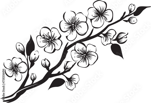 Twilight Cherry Blossom: Vector Black Logo on Branch Darkened Sakura Silhouette: Cherry Blossom Icon in Black