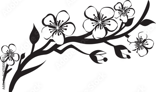 Stealthy Cherry Blossom: Vector Black Icon on Twig Twilight Bloom Bough: Cherry Blossom Logo in Black