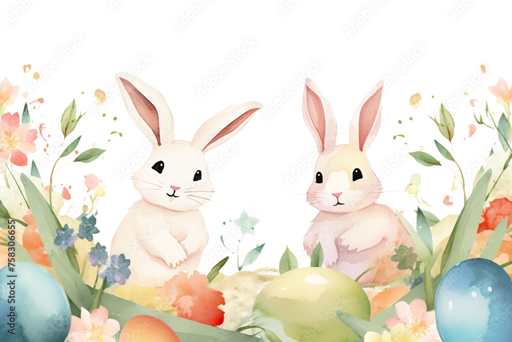 rabbits easter white background painting branch card decorative design hand leaf eggs vector watercolor easter happy flowers drawn doodle kids banner fluffy adorable poster cute