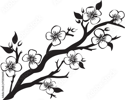 Ebony Petal Perch: Cherry Blossom Vector in Black Shadowed Sakura Essence: Black Logo on Twig