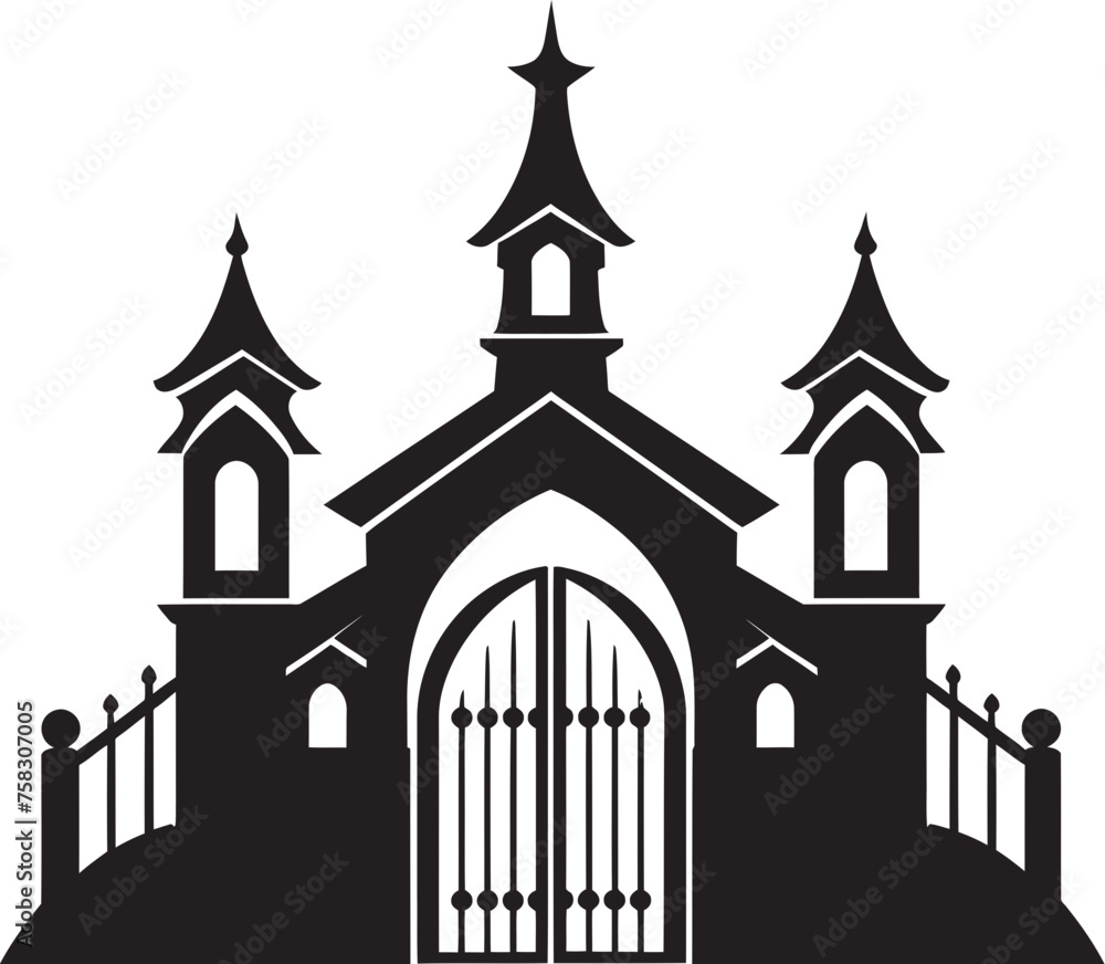 Ornate Leafy Gateway: Church Gate with Scrolls and Leaves in Black Logo Intricate Scrollwork Arch: Vector Black Logo featuring Church Gate, Scrolls, and Leaves