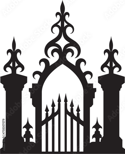 Leafy Sanctuary Entrance: Church Gate with Scrolls and Leaves in Black Logo Design Scrollwork Sanctuary: Vector Black Logo Icon with Church Gate, Scrolls, and Leaves