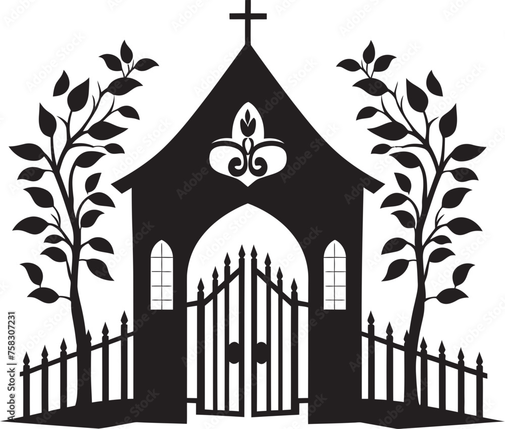 Intricate Foliage Portal: Vector Black Logo with Church Gate, Scrolls, and Leaves Ornate Scrollwork Gateway: Church Gate with Scrolls and Leaves in Black Logo Intricate Foliage Portal: Vector Black Logo with Church Gate, Scrolls, and Leaves Ornate Scrollwork Gateway: Church Gate with Scrolls and Leaves in Black Logo