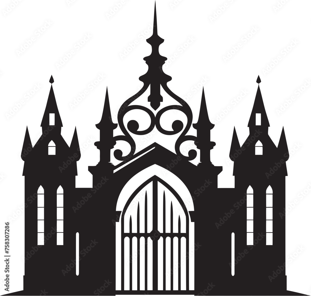 Fototapeta premium Leafy Arch Emblem: Church Gate with Scrolls and Leaves in Black Logo Elegant Foliage Portal: Vector Black Logo featuring Church Gate, Scrolls, and Leaves