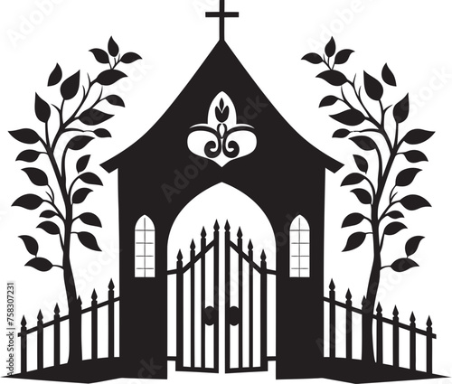 Intricate Foliage Portal: Vector Black Logo with Church Gate, Scrolls, and Leaves Ornate Scrollwork Gateway: Church Gate with Scrolls and Leaves in Black Logo