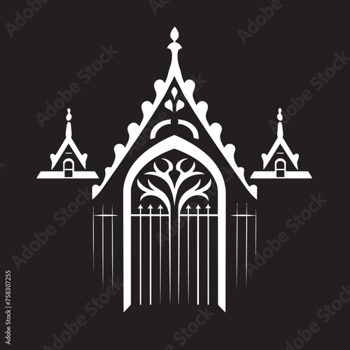 Leafy Arch Emblem: Church Gate with Scrolls and Leaves in Black Logo Design Intricate Foliage Portal: Vector Black Logo with Church Gate, Scrolls, and Leaves