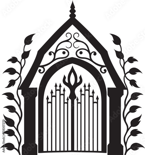 Engraved Scrollwork Portal  Church Gate with Scrolls and Leaves in Black Logo Leafy Archway Emblem  Vector Black Logo with Church Gate  Scrolls  and Leaves