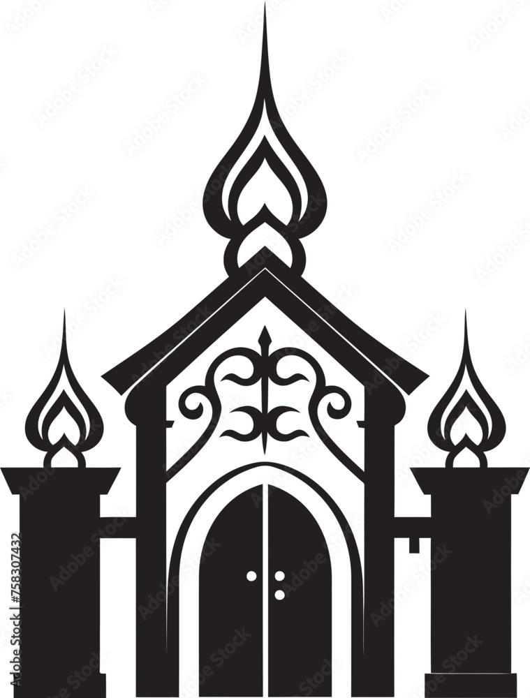Elegant Leafy Portal: Church Gate with Scrolls and Leaves in Black Logo Icon Scroll-adorned Sanctuary Entrance: Vector Black Logo with Church Gate, Scrolls, and Leaves Elegant Leafy Portal: Church Gate with Scrolls and Leaves in Black Logo Icon Scroll-adorned Sanctuary Entrance: Vector Black Logo with Church Gate, Scrolls, and Leaves