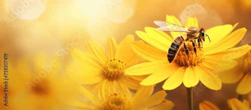 A closeup of an arthropod  a bee  on a yellow flower  a petal of a flowering plant. The insect serves as a pollinator for the annual plant in this vibrant scene