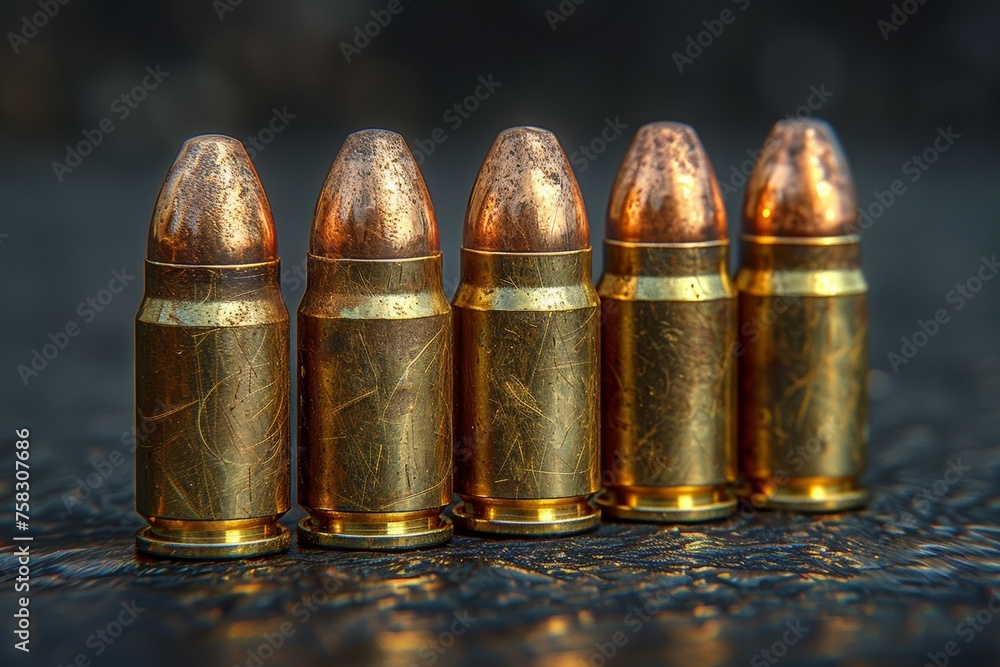 A row of five bullets are lined up on a table A row of five bullets are lined up on a table