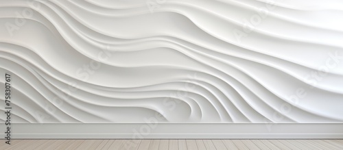 A white wall with a wave pattern on it complements the wooden floor, creating a modern and artistic landscape. The monochrome photography highlights the aeolian landforminspired design photo